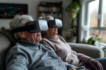 Senior couple at home sitting on couch wearing VR glasses