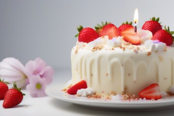 delicious cake with strawberries and burning candles on the table