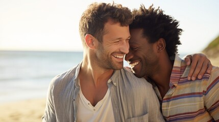Two smiling happy gay men hugging, having fun on the beach during the summer holidays.