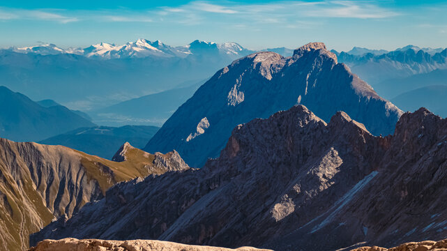 Alpine summer view with Mount Hohe Munde seen from Schneeferner glacier, Zugspitzplatt, Mount Zugspitze, Top of Germany, Garmisch-Partenkirchen, Bavaria, Germany