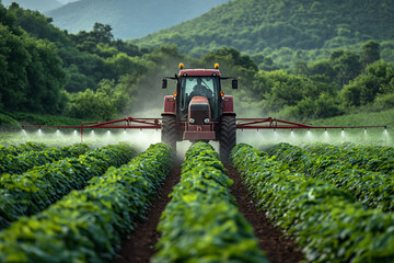 A tractor sprayer sprays the field with fertilizers