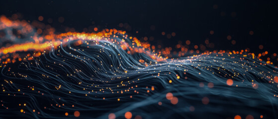 Optical fiber cables glowing with orange light and bokeh.
