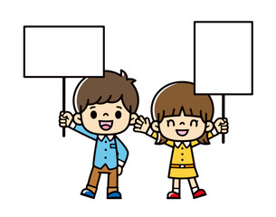 Illustration of a boy and a girl holding placards with smiles on their faces
