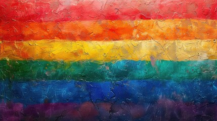 An abstract textured painting with the colors of the rainbow flag.