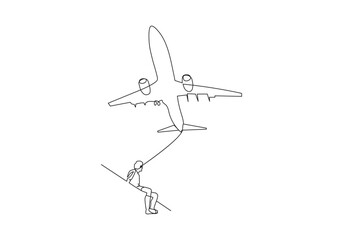 airplane in Continuous one line drawing. Takeoff is the phase of flight in which an aerospace vehicle leaves the ground and becomes airborne. Vector illustration
