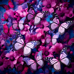 Beautiful wild flowers chamomile, purple wild peas, butterfly nature close-up macro, beautiful purple butterfly isolated, Flying purple butterfly. Watercolor illustration, Generative Ai