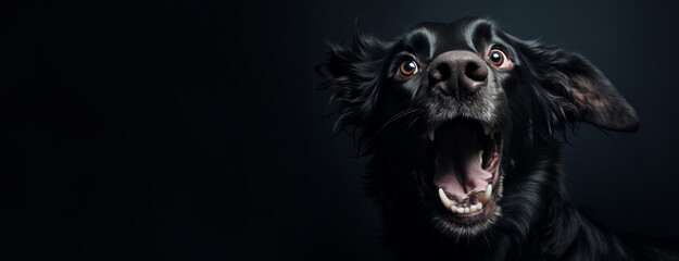 The dog opens his mouth in surprise on a black background