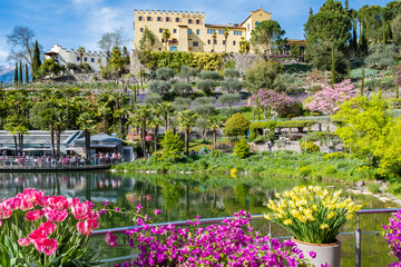 View of the Botanical Garden of Trauttmansdorff Castle, Merano, Trentino-Alto Adige, Italy, May 18, 2023 - obrazy, fototapety, plakaty