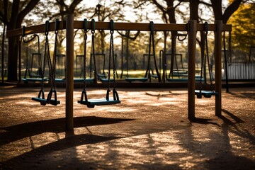 Empty swings rest still on an empty playground