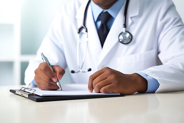 Close-up of female doctor filling up medical form while sitting at the desk