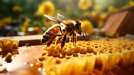 Bees occupying honeycombs in the early morning Free Photo,,
A bee drinking honey from a honeycomb