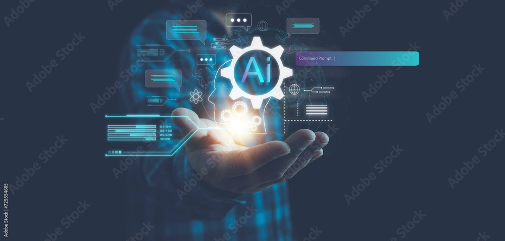 Poster ai technology, businessman show virtual graphic global internet connect chat with ai, artificial int