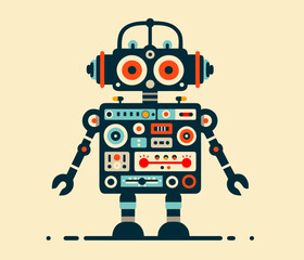 Fototapeta premium Analog robot in 60s style. Flat vector graphics. Retro robot funny toy isolated on yellow background