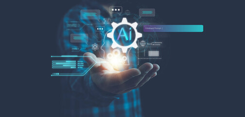 Ai technology, businessman show virtual graphic Global Internet connect Chat with AI, Artificial Intelligence. AI, using command prompt for generates something, Futuristic technology transformation.