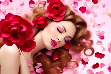 Obraz na płótnie Canvas young beauty sensual woman with long hair lying on petals