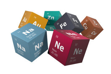 3D rendering of the elements of the periodic table, sodium, neon, zinc, gold, iron and copper....
