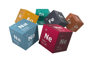 3D rendering of the elements of the periodic table, sodium, neon, zinc, gold, iron and copper. Training in education, science, technology and engineering. 3D illustration