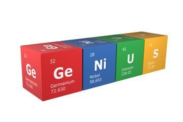 3D rendering of cubes of the elements of the periodic table, germanium, nickel, uranium and sulfur forming the word genius. Science, technology and engineering background. 3D illustration