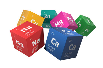 3D rendering of the elements of the periodic table, sodium, calcium, zinc, magnesium, iron and copper. Education, science, technology and engineering background. 3D illustration