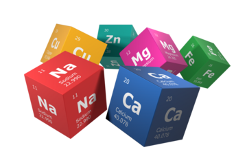 3D rendering of the elements of the periodic table, sodium, calcium, zinc, magnesium, iron and copper. Education, science, technology and engineering background. 3D illustration