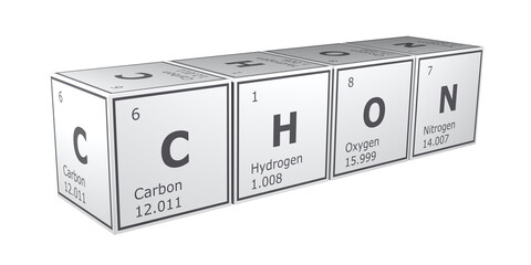3D rendering of cubes of the elements of the periodic table, carbon, hydrogen, oxygen and nitrogen. Science, technology and engineering. 3D illustration
