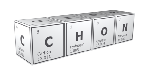 3D rendering of cubes of the elements of the periodic table, carbon, hydrogen, oxygen and nitrogen. Science, technology and engineering. 3D illustration