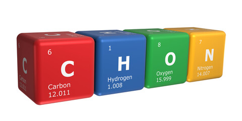 3D rendering of cubes of the elements of the periodic table, carbon, hydrogen, oxygen and nitrogen....