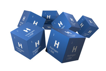 Hydrogen, 3D rendering of symbols of the elements of the periodic table, atomic number, atomic weight, name and symbol. Education, science and technology. 3D illustration - obrazy, fototapety, plakaty