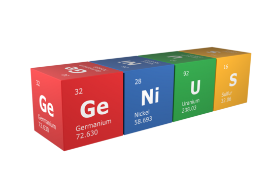 3D rendering of cubes of the elements of the periodic table, germanium, nickel, uranium and sulfur forming the word genius. Science, technology and engineering background. 3D illustration