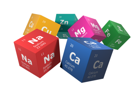 3D rendering of the elements of the periodic table, sodium, calcium, zinc, magnesium, iron and copper. Education, science, technology and engineering background. 3D illustration - Powered by Adobe
