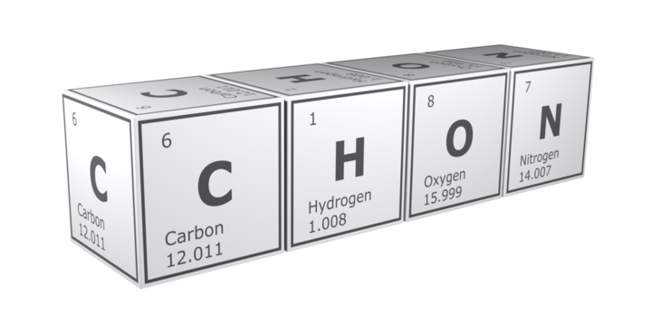 3D rendering of cubes of the elements of the periodic table, carbon, hydrogen, oxygen and nitrogen. Science, technology and engineering. 3D illustration