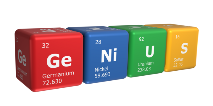 3D rendering of cubes of the elements of the periodic table, germanium, nickel, uranium and sulfur forming the word genius. Science, technology and engineering background. 3D illustration