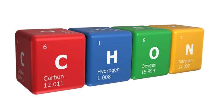 3D rendering of cubes of the elements of the periodic table, carbon, hydrogen, oxygen and nitrogen. Science, technology and engineering. 3D illustration