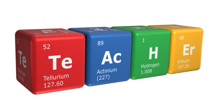 3D rendering of cubes of the elements of the periodic table, tellurium, actinium, hydrogen and erbium forming the word teacher. Science, technology and engineering. 3D illustration
