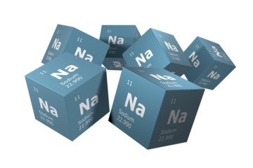 Sodium, 3D rendering of symbols of the elements of the periodic table, atomic number, atomic weight, name and symbol. Education, science and technology. 3D illustration
