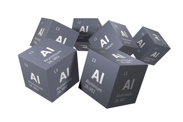 Aluminum, 3D rendering of symbols of the elements of the periodic table, atomic number, atomic...