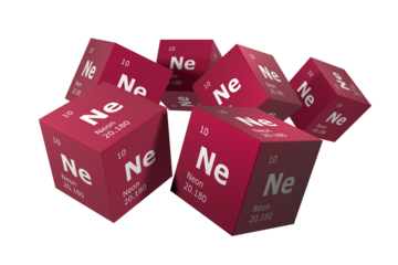 Neon, 3D rendering of symbols of the elements of the periodic table, atomic number, atomic weight, name and symbol. Education, science and technology. 3D illustration