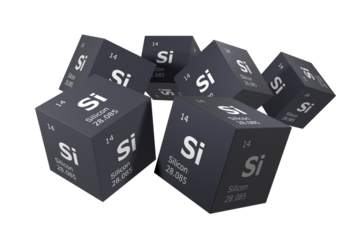 Silicon, 3D rendering of symbols of the elements of the periodic table, atomic number, atomic weight, name and symbol. Education, science and technology. 3D illustration