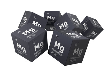Magnesium, 3D rendering of symbols of the elements of the periodic table, atomic number, atomic...