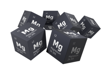Magnesium, 3D rendering of symbols of the elements of the periodic table, atomic number, atomic weight, name and symbol. Education, science and technology. 3D illustration