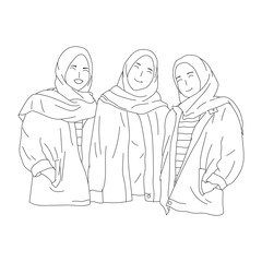line art of friendship female hijab flat illustrations 