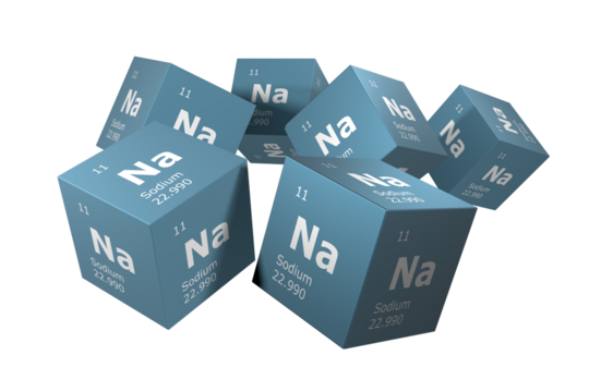 Sodium, 3D rendering of symbols of the elements of the periodic table, atomic number, atomic weight, name and symbol. Education, science and technology. 3D illustration