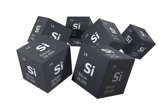 Silicon, 3D rendering of symbols of the elements of the periodic table, atomic number, atomic weight, name and symbol. Education, science and technology. 3D illustration