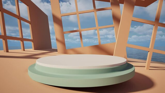 Zoom-in video of product podium mockup sitting on abstract deconstructivism location with walls with windows. Peach fuzz color 2024, With ocean and blue sky seen through windows.