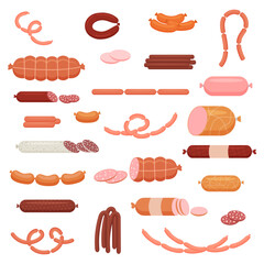 A set of cooked and smoked sausages, sausages, hunting sausages, whole sausage, half, cut, sausage string. Food, meat product. Vector illustration. - obrazy, fototapety, plakaty