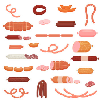 A set of cooked and smoked sausages, sausages, hunting sausages, whole sausage, half, cut, sausage string. Food, meat product. Vector illustration.