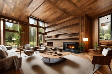 A living room with fireplace and a wooden paneling