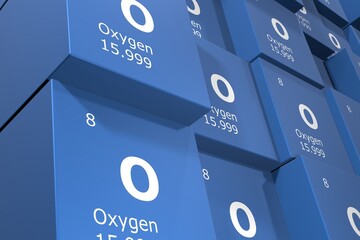 Oxygen, 3D rendering background of cubes of symbols of the elements of the periodic table, atomic number, atomic weight, name and symbol. Education, science and technology. 3D illustration - obrazy, fototapety, plakaty