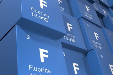 Fluorine, 3D rendering background of cubes of symbols of the elements of the periodic table, atomic number, atomic weight, name and symbol. Education, science and technology. 3D illustration - obrazy, fototapety, plakaty