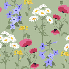 Seamless vector beautiful, summer illustration with chamomile, campanula and poppy.